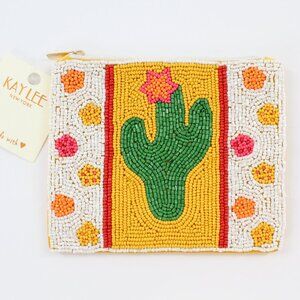 Kay Lee New York Yellow Cactus Beaded Coin Purse/Cosmetic Bag NWT Made ❤️India